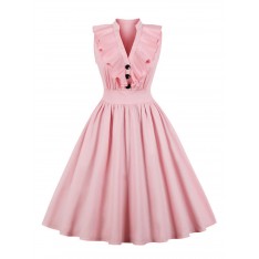 Vintage Kleider Rosa mit Knöpfen 50er jahre mode Rockabilly kleid ärmellos Kleider V-Ausschnitt Baumwolle im eleganten Stil Damenmode für Sommer 