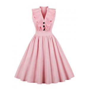 Vintage Kleider Rosa mit Knöpfen 50er jahre mode Rockabilly kleid ärmellos Kleider V-Ausschnitt Baumwolle im eleganten Stil Damenmode für Sommer