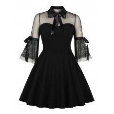 Vintage Kleider Schwarz 50er jahre mode mit Schleife Spitze Rockabilly kleid 1/2 Ärmel Kleider und Umlegekragen und figurbetonendem Design Damenmode 