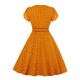 Weinlese-Kleid 1950 orange Layered Printed Plissee kurzen Ärmeln V-Ausschnitt Swing-Kleid