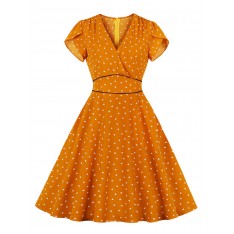 Weinlese-Kleid 1950 orange Layered Printed Plissee kurzen Ärmeln V-Ausschnitt Swing-Kleid 