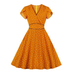 Weinlese-Kleid 1950 orange Layered Printed Plissee kurzen Ärmeln V-Ausschnitt Swing-Kleid