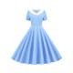 Weinlese-Kleid der 1950er Jahre mit V-Ausschnitt Plissee Layered kurzen Ärmeln Frau knielangen Tupfen-Swing-Kleid