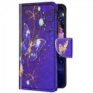 Uposao Kompatibel mit Huawei P Smart 2020 Hülle Flip Schutzhülle Leder Handyhülle Geldbörse mit Reißverschluss 3D Bunt Muster Klapphülle Ledertasche Magnet Kartenfächer Schmetterling Lila