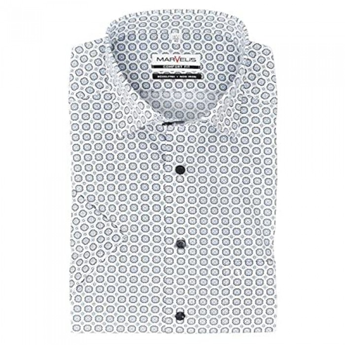 Marvelis Herren Businesshemd Comfort Fit Under Button Down Kurzarm Muster Blau/Weiß
