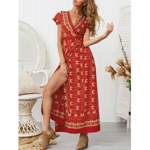 Blumen Kleid mit V-Ausschnitt kurzarmen Bohemian Kleid 2021 rotes Lang Kleid