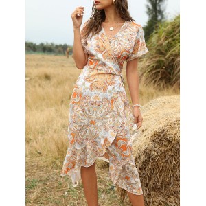 Boho Kleid V-Ausschnitt Kurzarm Ärmeln Schnürung Sommerkleid 