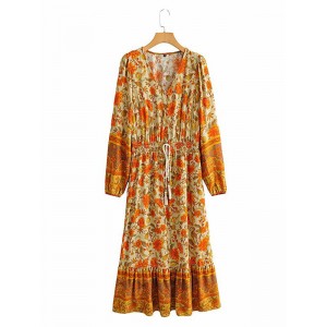 Boho Kleid V-Ausschnitt Langarm Ärmeln Blumendruck Sommerkleid
