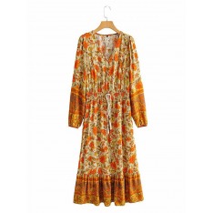 Boho Kleid V-Ausschnitt Langarm Ärmeln Blumendruck Sommerkleid 