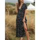 Boho Maxikleid V-Ausschnitt Kurzarm Sommerkleider mit Blumendruck