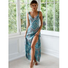 Maxi Kleid 2021 ärmelloses Cut Out Verknotet in blau gedrucktes Sommer Kleid 