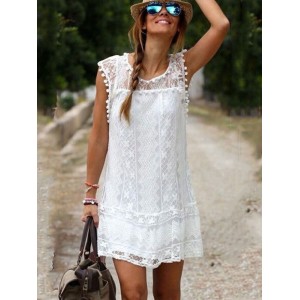 Sommerkleider Weiß Damenmode mit Rundkragen Baumwolle ärmellos Bohemian Kleider Kleider Sommerkleid im Boho-Style überdimensional und Spitzen