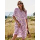 Damen Sommerkleid V-Ausschnitt Blumendruck Schnürung Green Beach Kleid