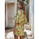 Frauen Gelbes Sommerkleid Blumenmuster Baumwolle Strandkleid Halbarm Midi Tunika Kleid
