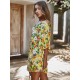 Frauen Gelbes Sommerkleid Blumenmuster Baumwolle Strandkleid Halbarm Midi Tunika Kleid