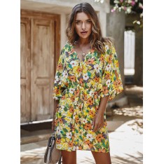 Frauen Gelbes Sommerkleid Blumenmuster Baumwolle Strandkleid Halbarm Midi Tunika Kleid 