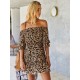 Frauen rot Sommerkleid Bateau Neck Leopardenmuster Baumwolle Strandkleid Midi Kleid
