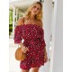 Frauen rot Sommerkleid Bateau Neck Leopardenmuster Baumwolle Strandkleid Midi Kleid