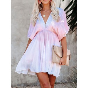Frauen-Sommer-Kleid Lila mit V-Ausschnitt Ausschnitt Tie Dye Short Strand-Kleid 