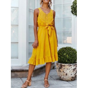 Sommer-Kleid-Gelb-Juwel Ausschnitt Tassel Ärmel Strand-Kleid