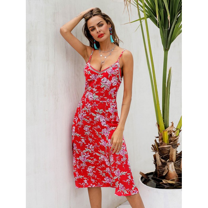 Sommerkleid Red Floral Printed Ärmelloses Polyester Beach Midi Kleid