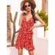Sommerkleid V-Ausschnitt bedruckt Schnür abnehmbares rotes knielanges rotes Strandkleid