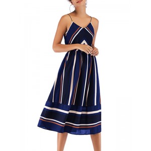 Sommerkleider Dunkelmarineblau Damenmode Chiffon mit Trägern Kleider ärmellos und Streifen und Spaghettiträger Sommerkleid