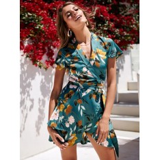 Sommerkleider Grün Damenmode Polyester V-Ausschnitt Kleider Kurzarm und Printmuster geknotet Sommerkleid in unregelmäßiger Form 