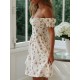 Sommerkleider knielang Damenmode Weiß Polyester Kleider mit Bateau-Kragen Kurzarm und Printmuster Sommerkleid und schulterfreies Design