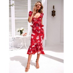 Sommerkleider Rot Damenmode Polyester mit spitzem Dekolleté Kleider ärmellos und Printmuster und Rüschen Sommerkleid und figurbetonendem Design 