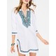Sommerkleider Weiß Damenmode Notched Ausschnitt Baumwolle 3/4 Ärmel Kleider in Ethnic-Style Sommerkleid mit Stickereien