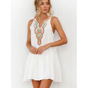 Sommerkleider Weiß Damenmode V-Ausschnitt gemischten Baumwollen ärmellos Kleider im Boho-Style Sommerkleid mit Print und Knöpfen 