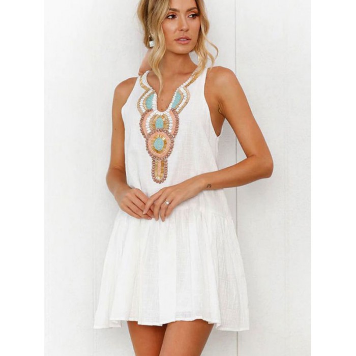 Sommerkleider Weiß Damenmode V-Ausschnitt gemischten Baumwollen ärmellos Kleider im Boho-Style Sommerkleid mit Print und Knöpfen