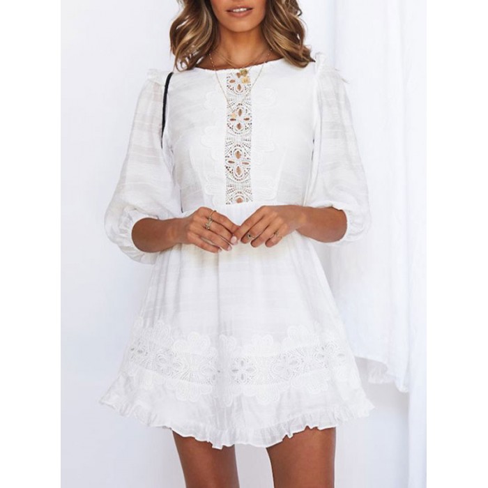 Weißes Sommerkleid Spitzeneinsatz Baumwolle Backless Beach Dress