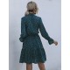 Damen Skater Kleider Bedruckte Baumwolle Jewel Neck Dunkelgrün Classic Langarm Ausgestelltes Kleid