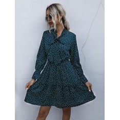 Damen Skater Kleider Bedruckte Baumwolle Jewel Neck Dunkelgrün Classic Langarm Ausgestelltes Kleid 