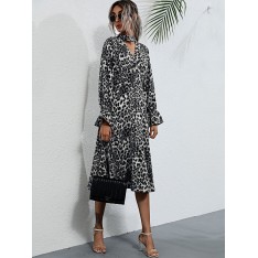 Damen Skater Kleider Leopardenmuster Polyester V-Ausschnitt Grau Klassisch Langarm Fit und Flare Kleid 