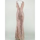 Abendkleid Champagner Farbe ärmellose rückenfreie Polyester Pailletten lange Kleider Partykleid Festzug Kleid