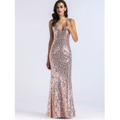 Abendkleid Champagner Farbe ärmellose rückenfreie Polyester Pailletten lange Kleider Partykleid Festzug Kleid 