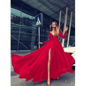 Maxikleid Rot Sommerkleider lang Langarm V-Ausschnitt Damenmode maxi kleid gemischten Baumwollen mit Schlitz an der Front für Herbst Kleider 