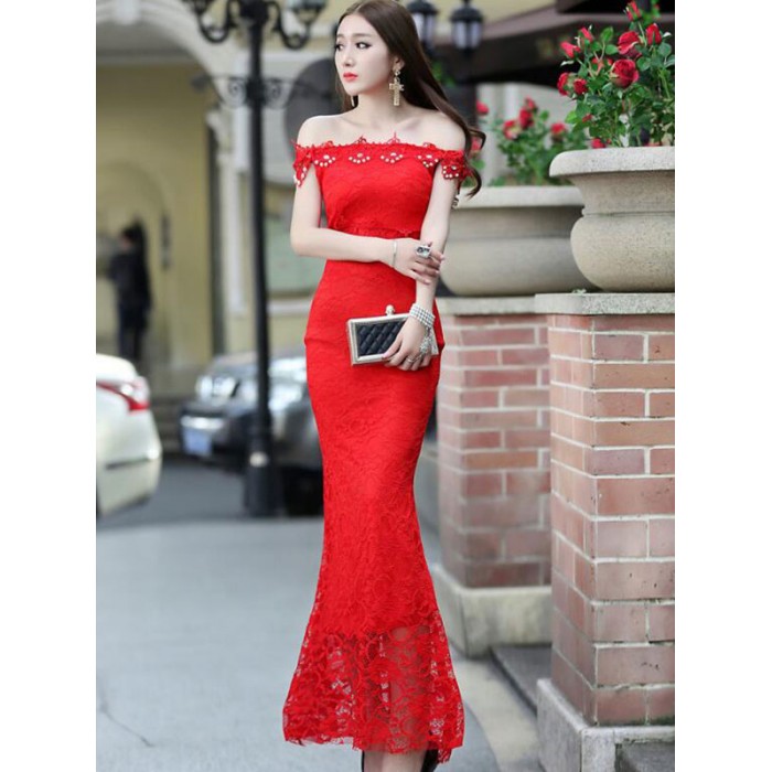Spitzenkleider Rot Kleid Mit Spitze mit rückenfreiem Design und Carmenausschnitt Kleider Damenmode Kurzarm und Perlen für Sommer Spitze